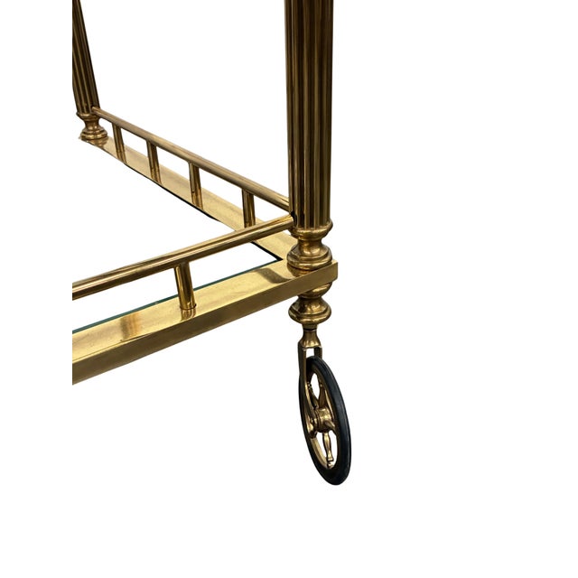 Brass Vintage Regency Style Brass & Glass Three-Tier Bar Cart With Large Casters For Sale - Image 8 of 8