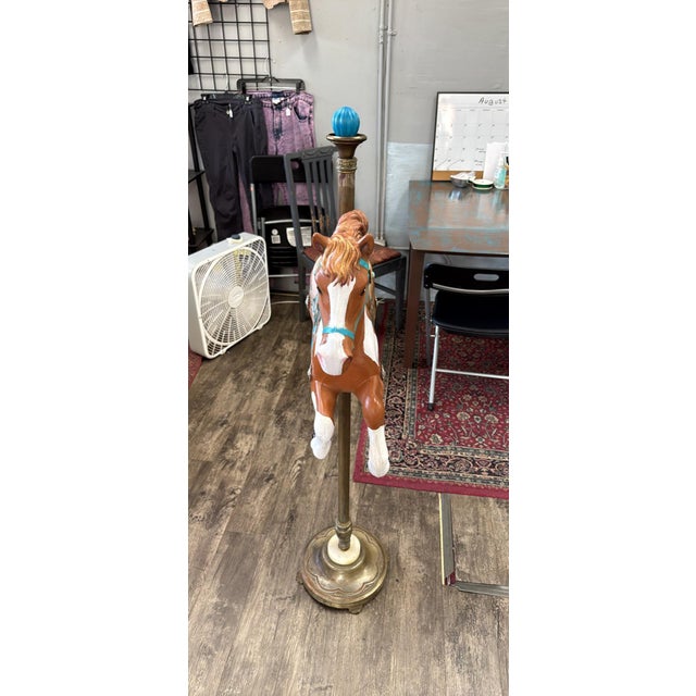 Brass Hand Painted Antique Carousel Horse With Brass Torchiere Stand For Sale - Image 8 of 16