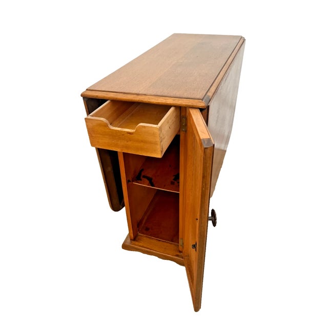 1960s Vintage Gate Leg Table Drop Down Sides Two Drawers and Cabinet Rectangle Oak For Sale - Image 4 of 10