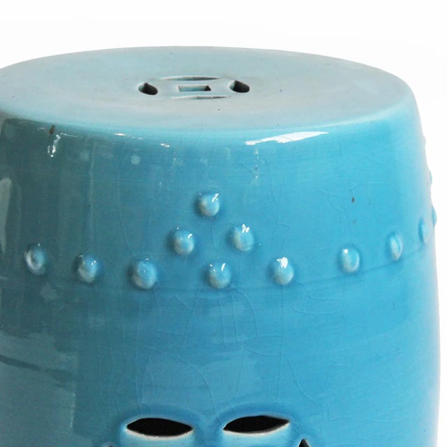 Boho Chic Vintage Painted Blue Ceramic Garden Stool / Side Table For Sale - Image 3 of 3