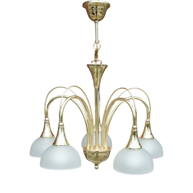 Brass and Glass Chandelier, Poland, 1980s For Sale