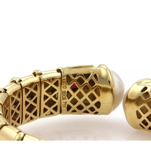 Diamond Ruby & Pearl Bracelet 18k Yellow Gold Fancy Flex Cuff For Sale - Image 4 of 6