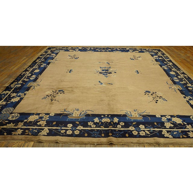 1900s Beige Floral Vase Deco Antique Peking Square Room Size Wool Rug For Sale In New York - Image 6 of 6
