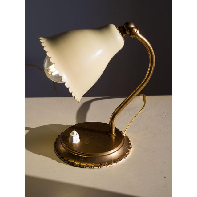 Metal Vintage Brass Table Lamps with Enameled Corolla Lampshades, 1950s, Set of 2 For Sale - Image 7 of 15