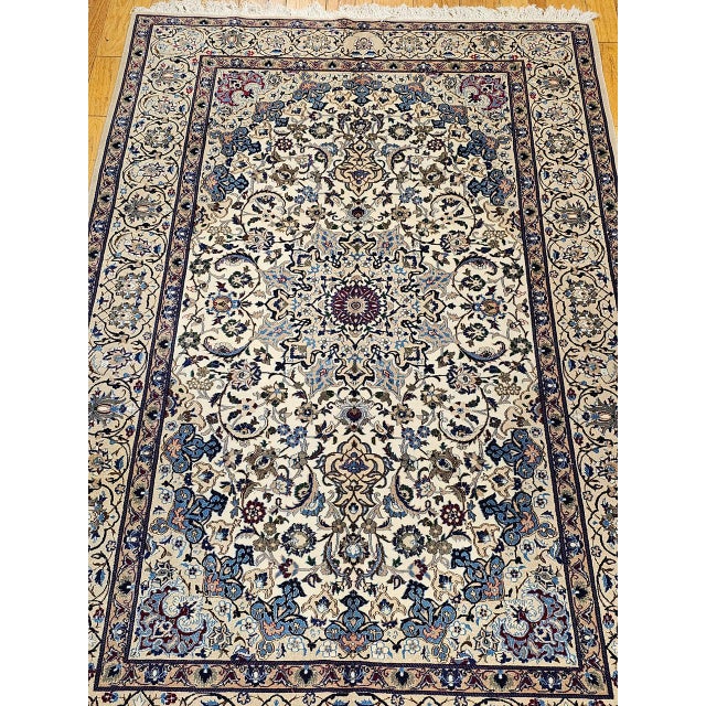 Cream Vintage Persian Nain Area Rug, Hand-Knotted Wool & Silk, Floral Pattern, 7x11, Ivory & Blue For Sale - Image 8 of 12