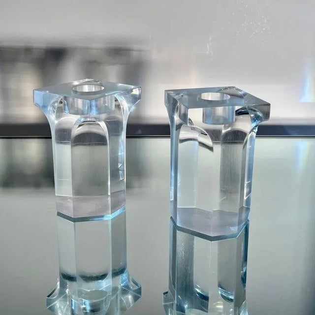 Plastic 1970's Lucite Column Candle Holders in the Style of Charles Hollis Jones, Set/4 For Sale - Image 7 of 12