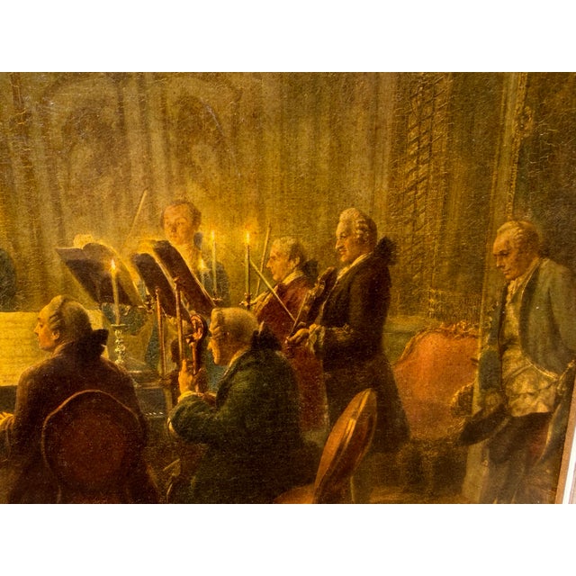 Vintage lithograph reproduction on board of the famous 1852 oil painting "The Flute Concert of Frederick the Great at...