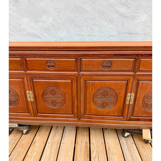 Asian 1960s Chinese Carved Rosewood Hand-Carved Long Life Sideboard Cabinet Buffet Server For Sale - Image 3 of 16