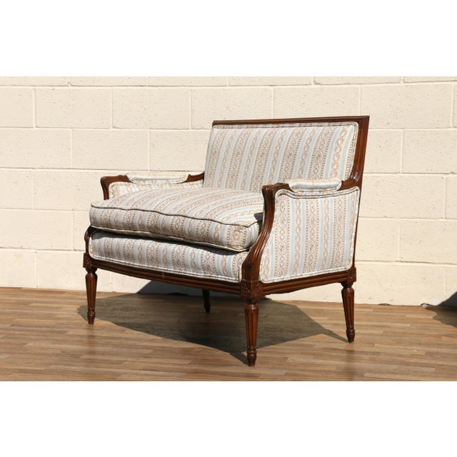 Pair of Antique French Louis XVI Style Upholstered Loveseats, Circa 1950s For Sale - Image 15 of 18