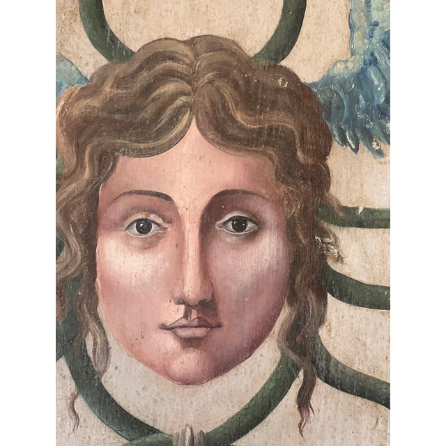 Allegorical Hand-Painted Oil on Wood Baroque Wall Hanging Plaque of Winged Medusa For Sale - Image 4 of 15