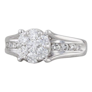 0.87ctw Diamond Cluster Engagement Ring 14k White Gold Size 6.75 For Sale