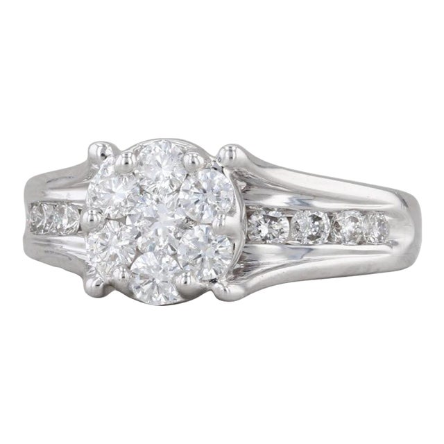 0.87ctw Diamond Cluster Engagement Ring 14k White Gold Size 6.75 For Sale