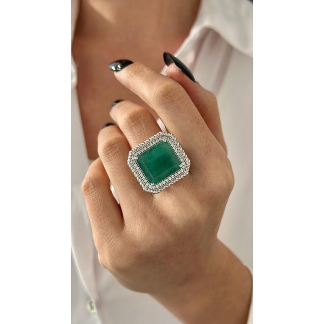 Natural Emerald Diamond Ring Size 6.25 14k W Gold 13.14 TCW Certified For Sale In New York - Image 6 of 18