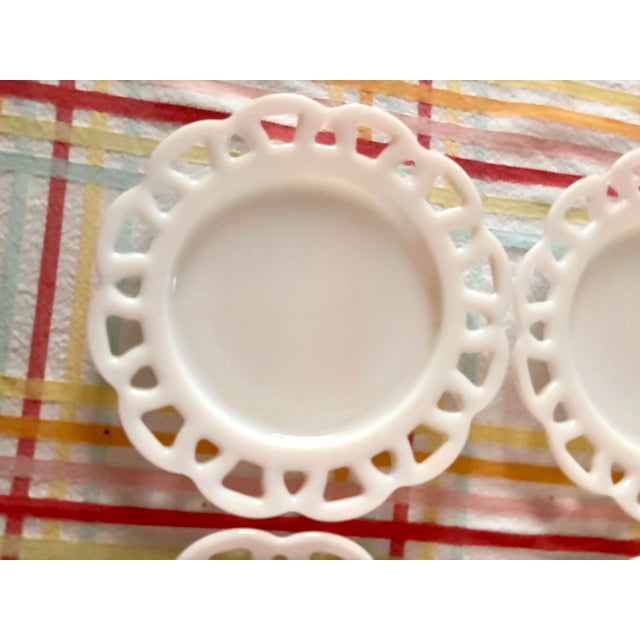 Hazel-Atlas White Milk Glass Open Lace Edge Luncheon Plates, Set of 4 – 8.25” For Sale In Louisville - Image 6 of 8