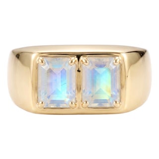 Rainbow Moonstone Signet Ring | Chunky Two Stone Statement Ring | Unique Modern Gemstone Ring Us 7 For Sale