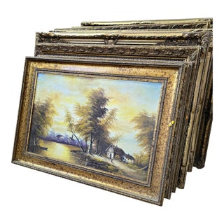 French Style Landscape Painting – Serene Lakeside Village With Trees & Textured Gold Frame For Sale