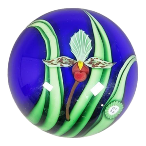 Orient & Flume 1984 Lampwork Glass Paperweight - Lady Slipper Orchid on Blue