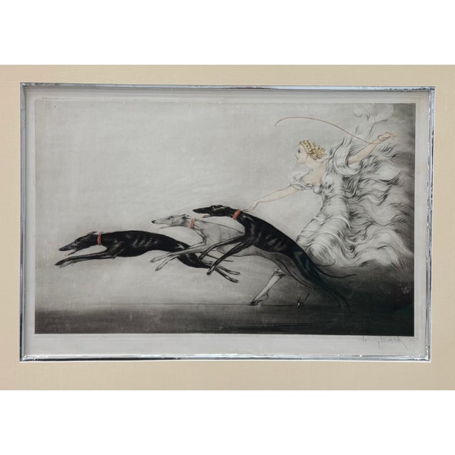 Louis Icart (French, 1888-1950), Speed (Vitesse), colored etching on paper depicting a fashionably dressed female figure...