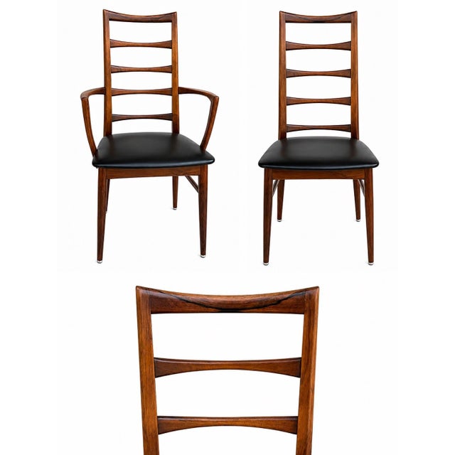 These Danish-designed chairs from the 1950s/1960s feature a distinct ladder-back constructed with solid teak frames and...