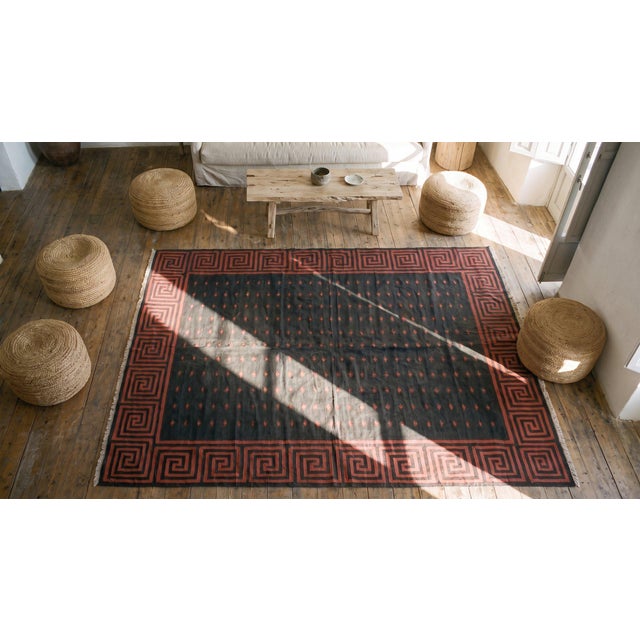 1920s Black Geometric Antique Indian Cotton Dhurrie Rug 8'3" X 12'9" Flatweave Carpet For Sale - Image 10 of 12