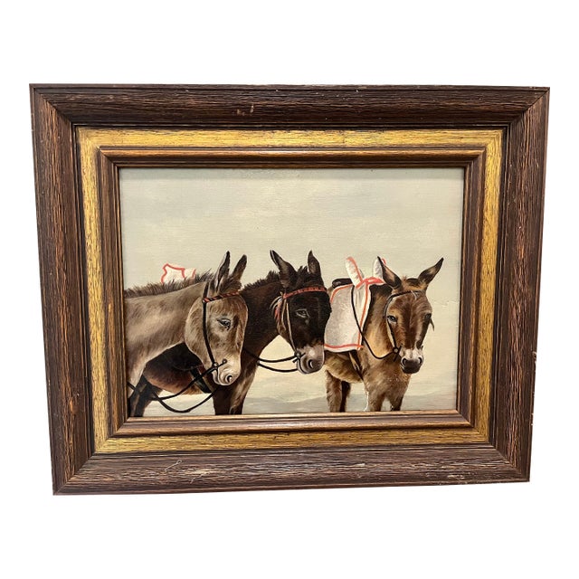 Vintage Original Framed Painting of Three Donkeys For Sale
