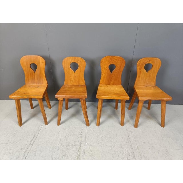 Mid century solid wood brutalist dining chairs, set of 4 Good original condition. 1960s - Germany Dimensions: Height: 87cm...