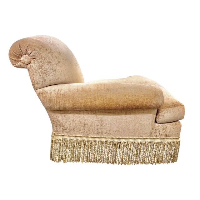 Pair of Custom Champagne Chenille Lounge Chairs With Bullion Fringe For Sale - Image 4 of 8