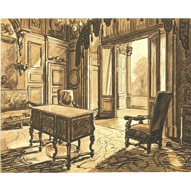 1925 French Antique Sitting Room Interior Lithograph, Matted For Sale - Image 4 of 4