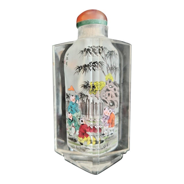 Vintage Signed Chinese Inside-Painted Glass Snuff Bottle – Rare Triangular Form For Sale