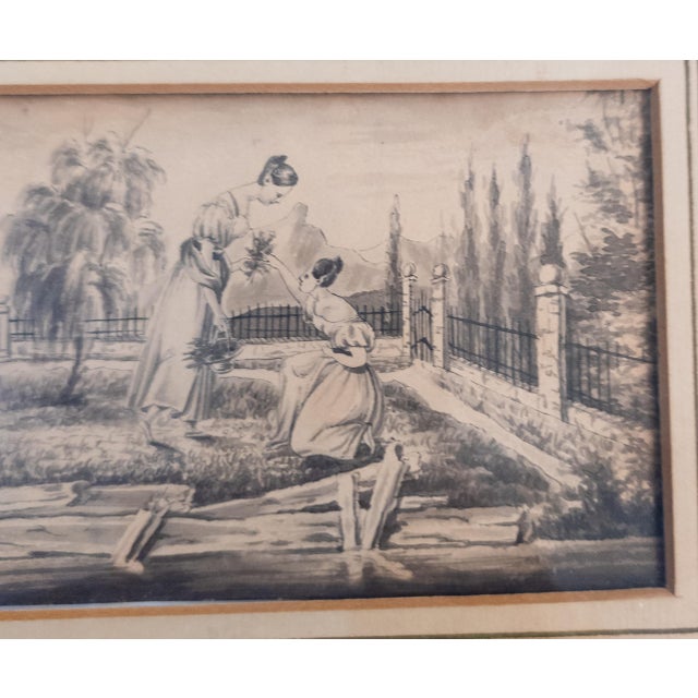 Early 19th Century 19th Century European English Pen and Ink Genre Scene With Women in a Garden For Sale - Image 5 of 15