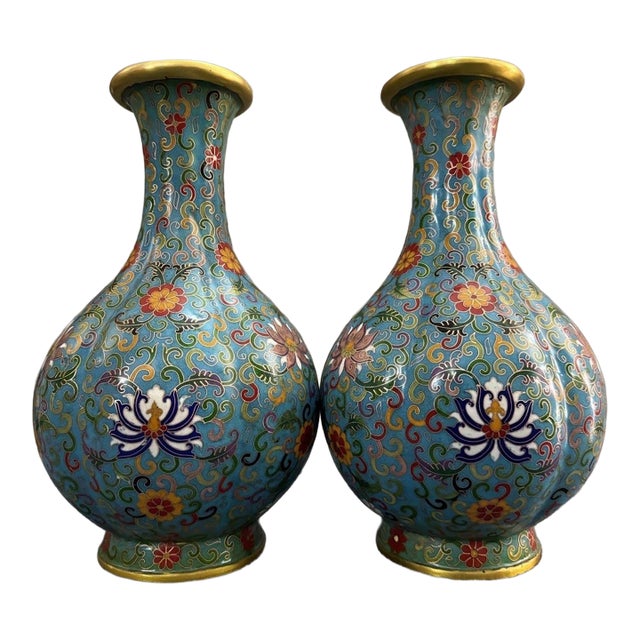 Pair of Large Vintage Turquoise Cloisonné Enamel Lotus Vases For Sale