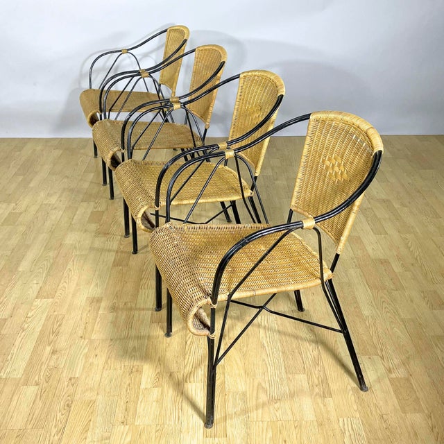 Garden Chairs in Wrought Iron and Woven Wicker, 1970s, Set of 4 For Sale - Image 11 of 18