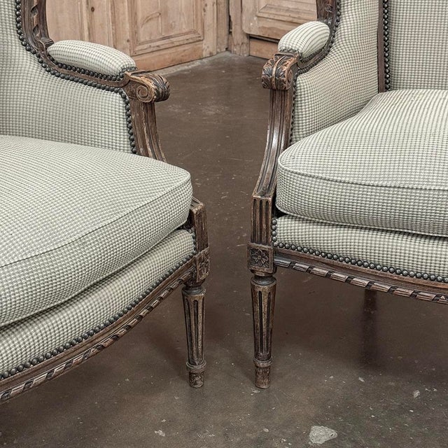 Pair Antique Louis XVI Style French Bergères ~ Armchairs in Walnut For Sale - Image 15 of 18