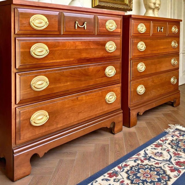 1950s Pair of Solid Cherry Bachelor Chests 30”w | Nightstands | Bedside Tables For Sale - Image 4 of 10
