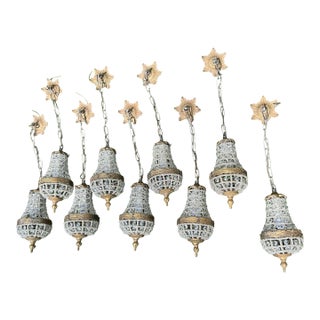 Vintage Gold Metal and Crystal Collection of Baby Pendant Lights- Set of 9 For Sale