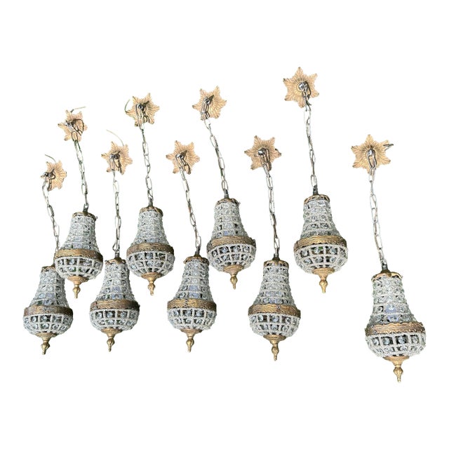 Vintage Gold Metal and Crystal Collection of Baby Pendant Lights- Set of 9 For Sale