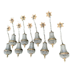 Vintage Gold Metal and Crystal Collection of Baby Pendant Lights- Set of 9