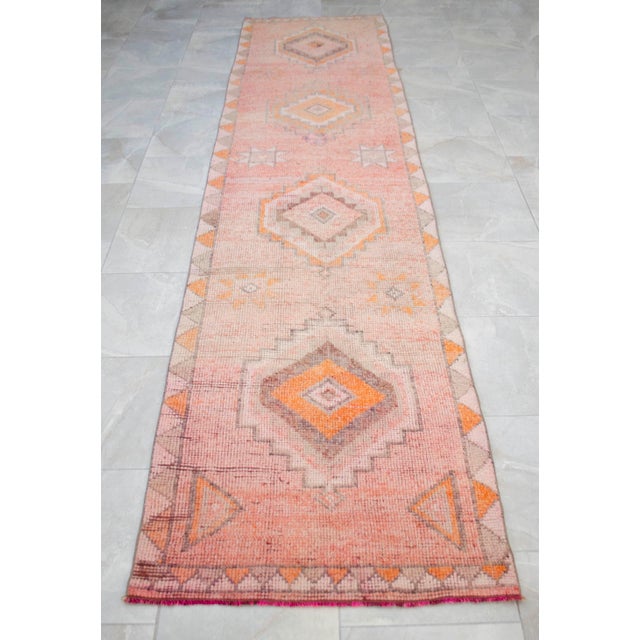 Hand-Knotted Turkish Runner Rug . Low Pile Hallway Kitchen Decor - 3′ × 12′3″ For Sale - Image 16 of 18