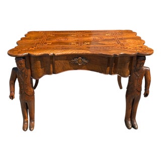 Antique Inlaid Wooden Table with Carved Figurative Supports, 1890s For Sale