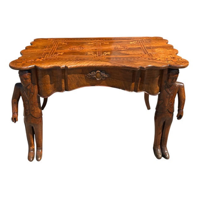 Antique Inlaid Wooden Table with Carved Figurative Supports, 1890s For Sale