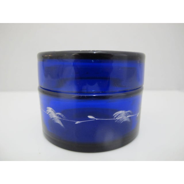 Mary Gregory Cobalt Blue Glass Enamel Painted Girl With Flower Round Trinket Box For Sale - Image 10 of 14