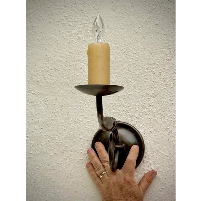 Metal Pair of Vintage Wall Sconces: Very Large Antiqued Brass Wall Sconces, Paul Ferrante For Sale - Image 7 of 11