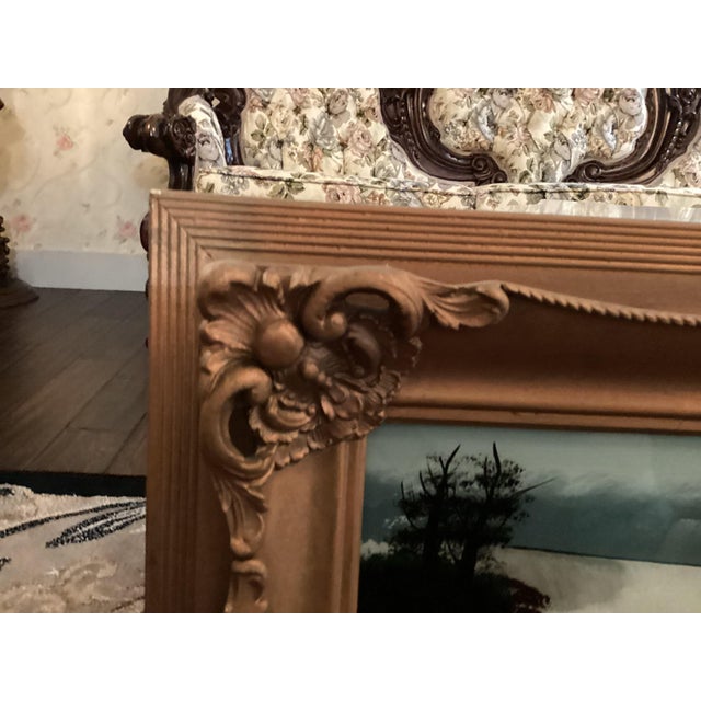 Antique Large Fancy Frame Reverse Painted Picture Catholic Church 47.25” X 19.25 Lovely Evening Moonshine Off Lake For Sale - Image 11 of 17
