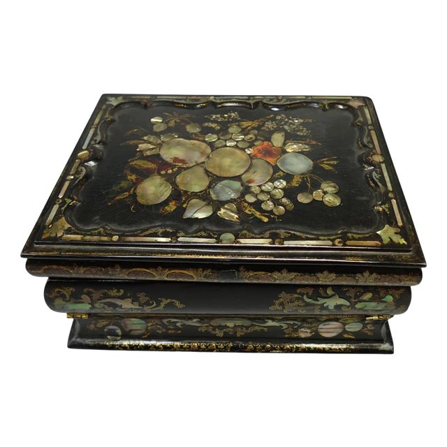 Antique Chinoiserie Mother of Pearl Inlaid Papier Mache Lap Desk Box For Sale