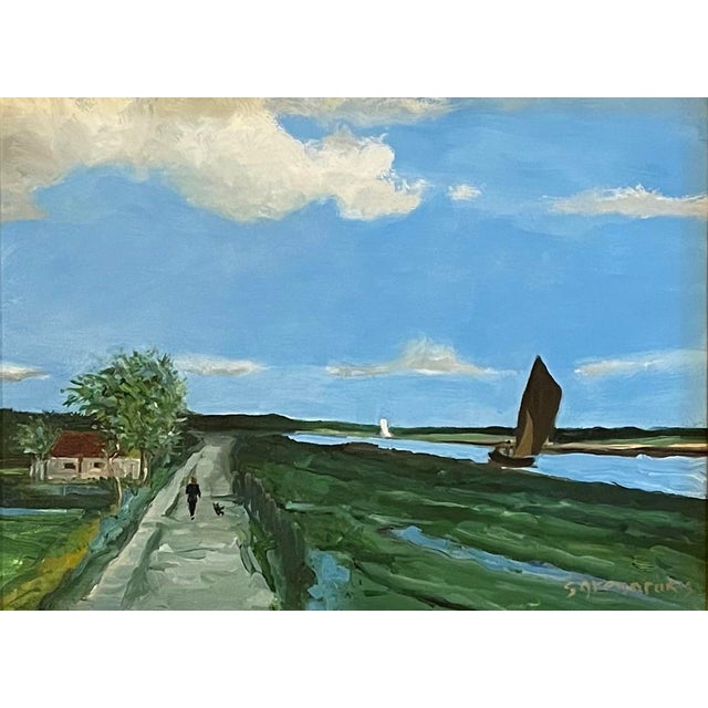 Oil painting on canvas board of a Dutch landscape with sailboats along a river, a woman walking her dog along a path...