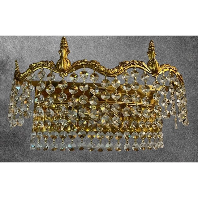 Traditional Large Antique Brass Wall Lamp with Swarovski Crystals, 1940s For Sale - Image 3 of 5
