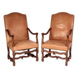 Pair of Louis XIV Style Leather Upholstered Walnut Armchairs For Sale
