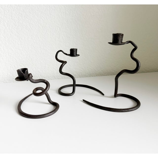Abstract Brutalist Iron Squiggle Candle Holders - Set of 3 For Sale - Image 3 of 9