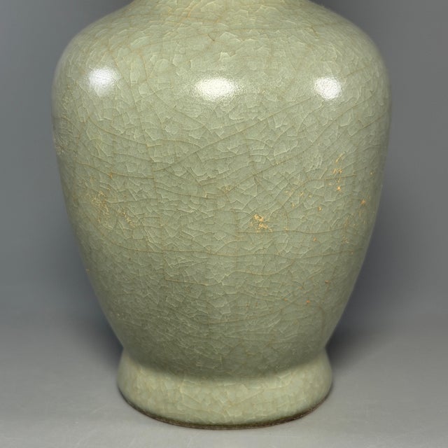 Chinese Antique Chinese Celadon Crackle‑Glaze Long‑Neck Porcelain Vase For Sale - Image 3 of 6