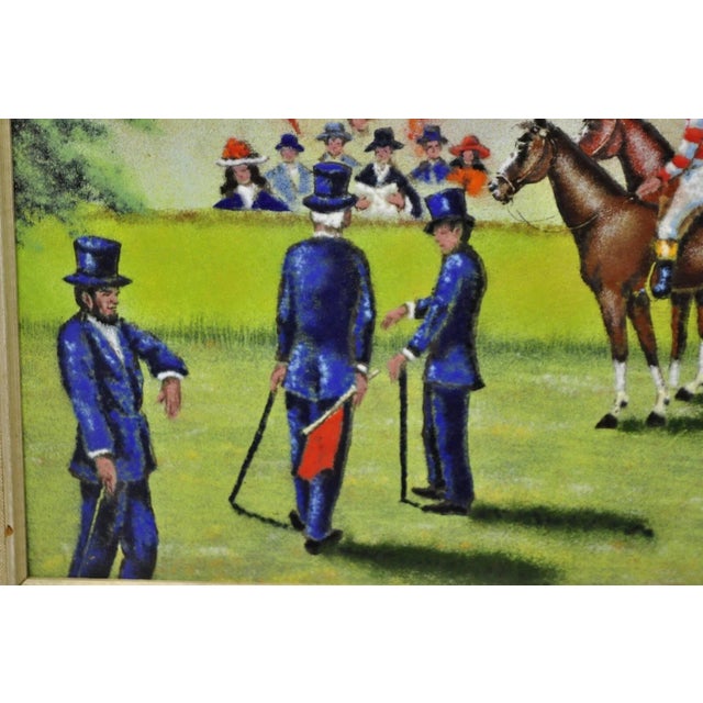 Late 20th Century Dom Dominic Mingolla Enamel on Copper Framed Painting Horse Jockey Race Derby For Sale - Image 10 of 12